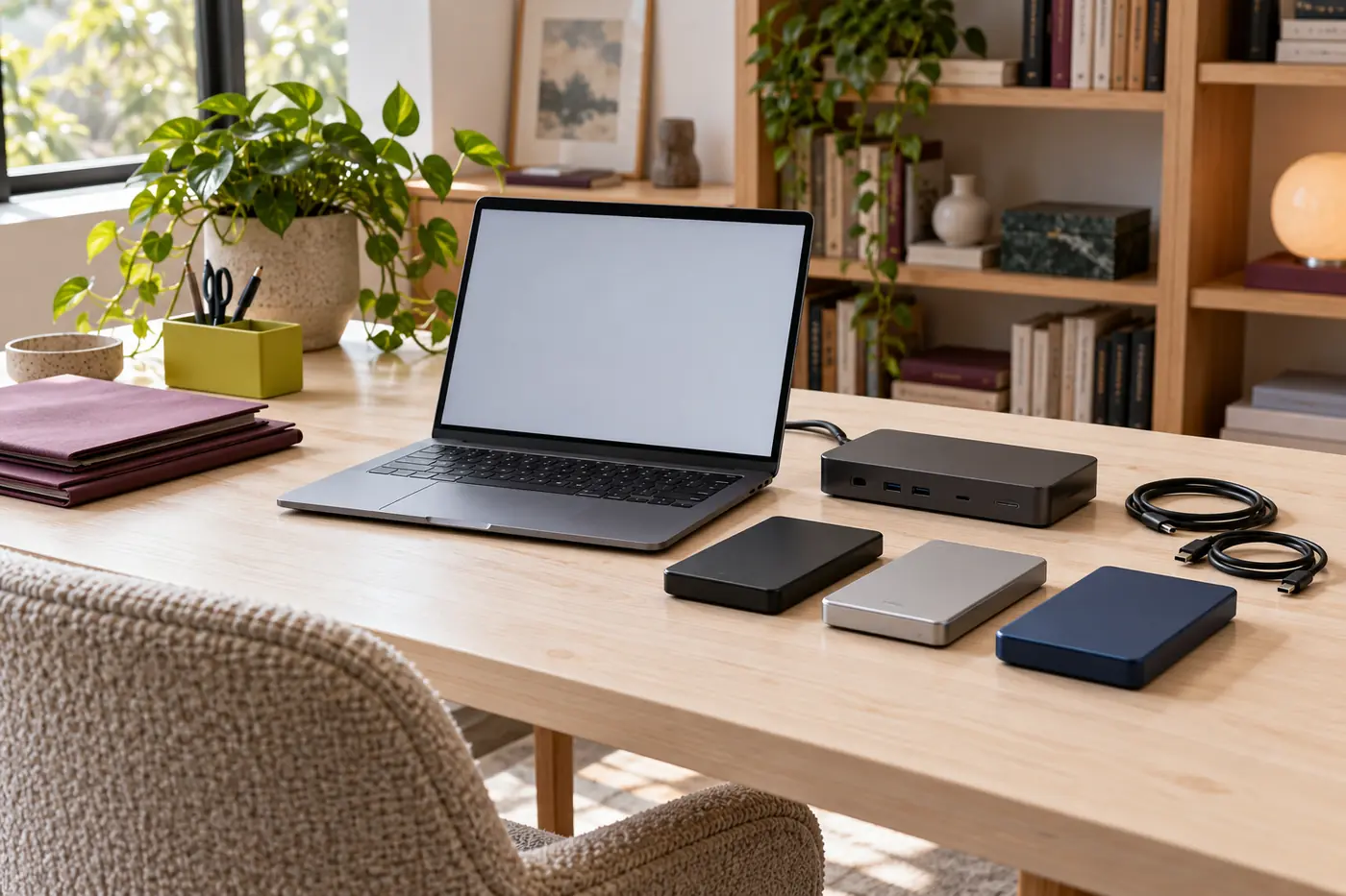 AI illustration of generic laptop, dock and closed drive props on a pale creative desk