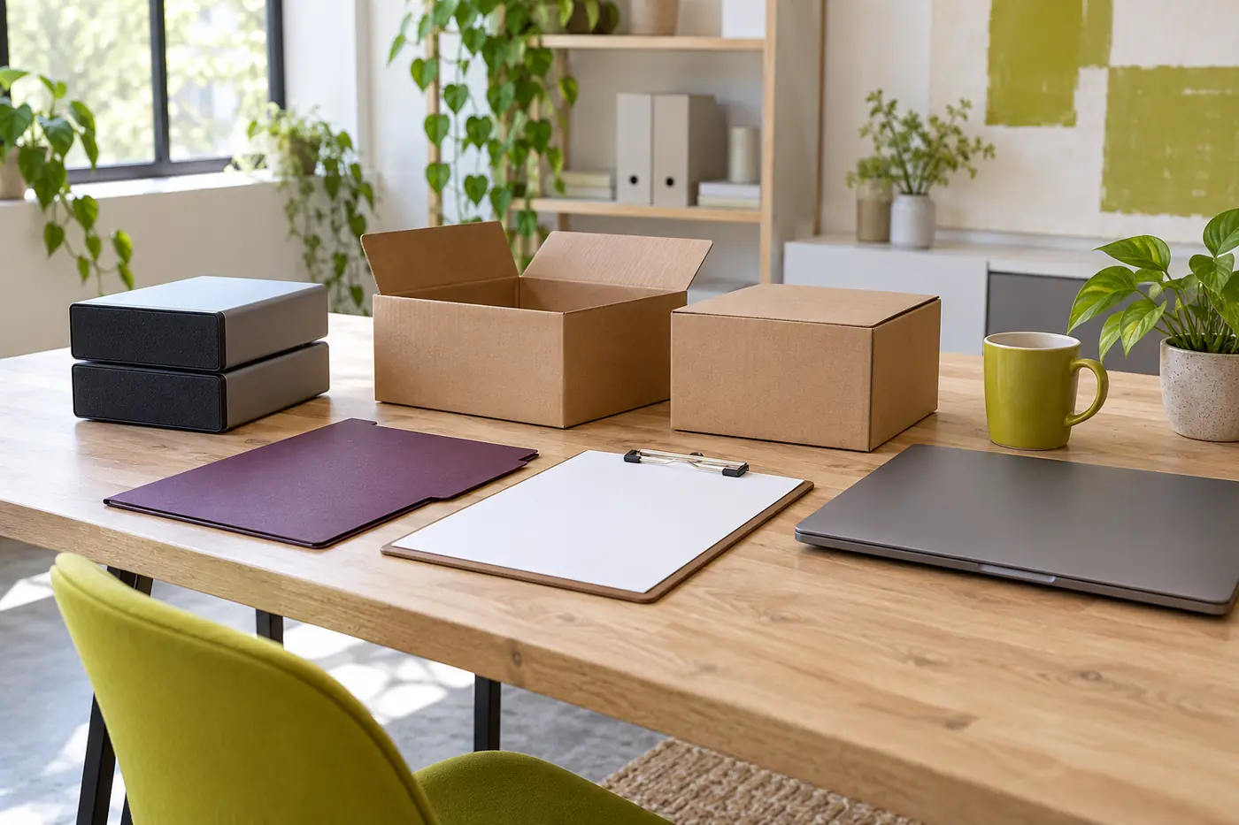 AI illustration of closed drive props, blank clipboard and plain cartons beside a plum folder