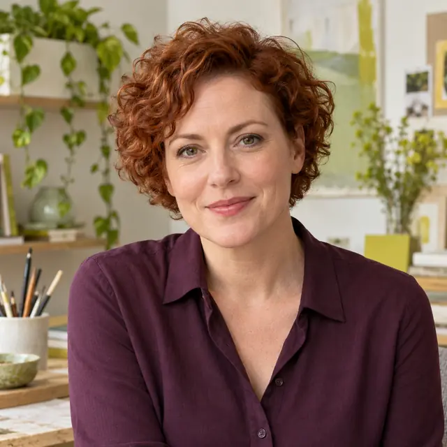 AI-generated portrait representing Tessa Ward, an entirely fictional editor with short auburn curls